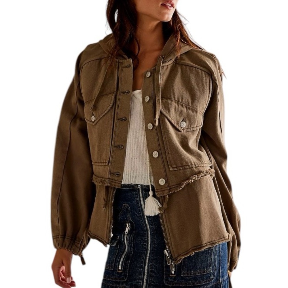 We The Free x Free People Reese Layered Military Utility Cargo Denim Jacket | M
